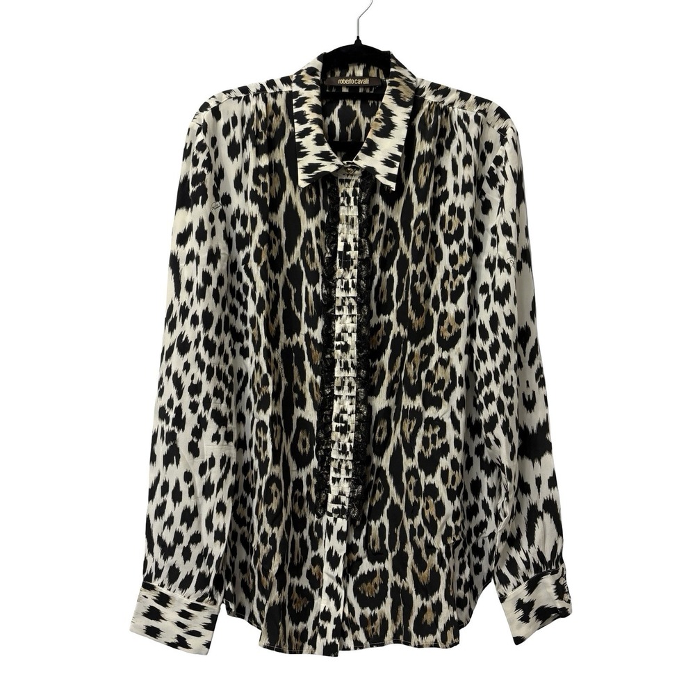 Roberto Cavalli Y2K Silk Spandex Blend Button Down Blouse Leopard Print Sz M